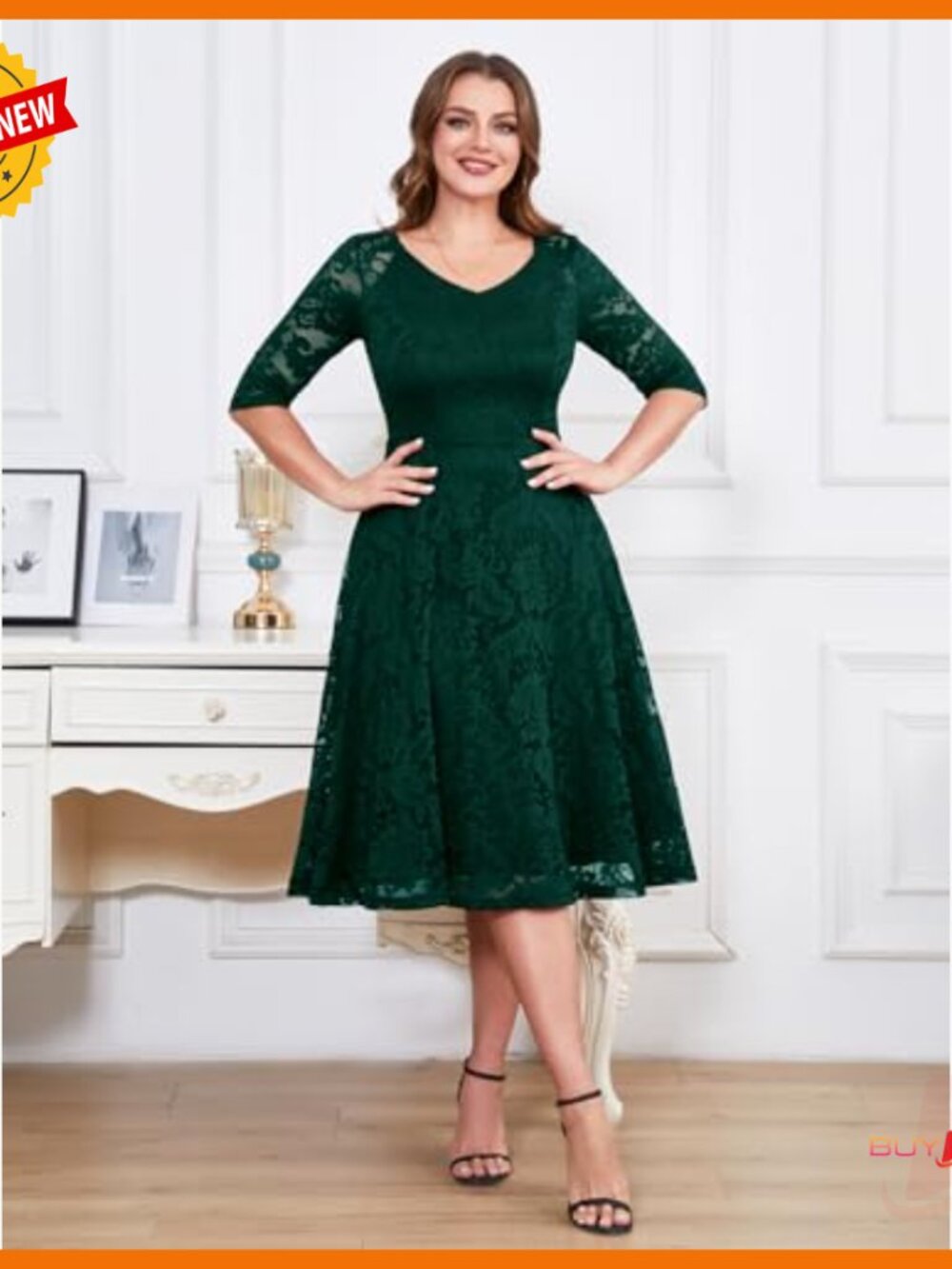 Long Sleeve Lace A-Line Midi Dress Formal Wedding Guest Party Cocktail - Picture 3 of 7